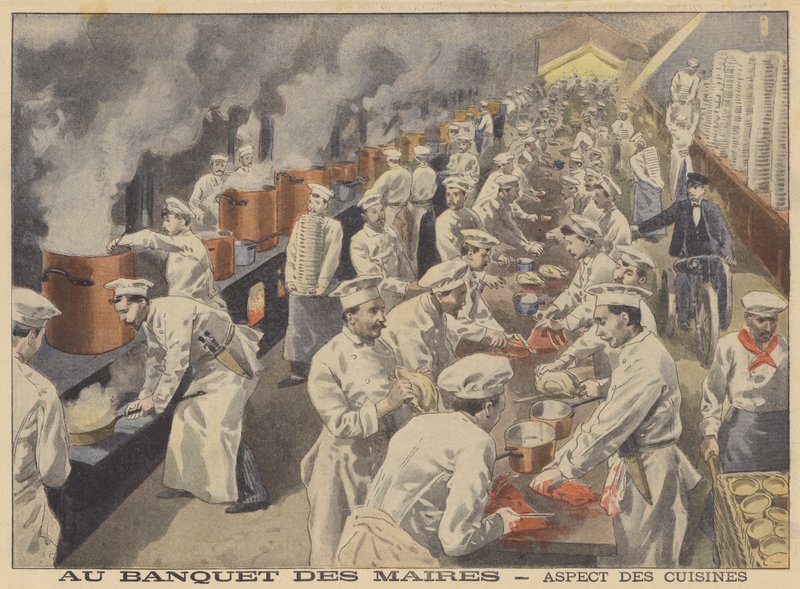 Utsikt over kjøkkenene for banketten til borgermestrene i Frankrike (farge litho) av French School