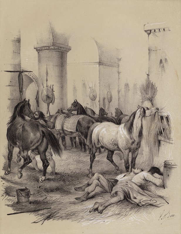 Vikinger bruker Karl den Stores katedral i Aachen som stall, 882 (litho) av French School