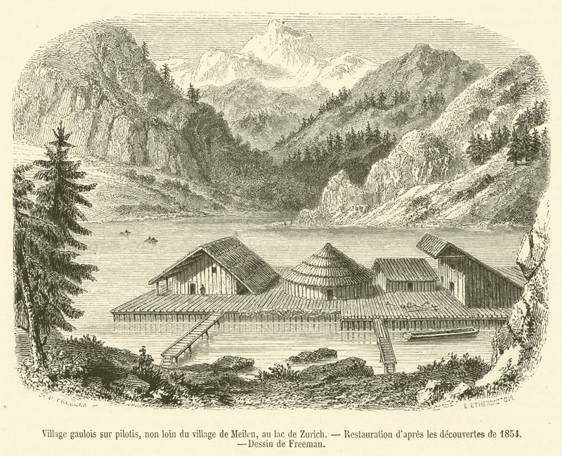 Gallisk landsby på påler, ikke langt fra landsbyen Meilen, ved Zürichsjøen (gravering) av French School