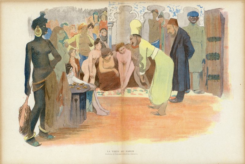 Besøk til Harem, illustrasjon for Le Rire (farge litho) av French School