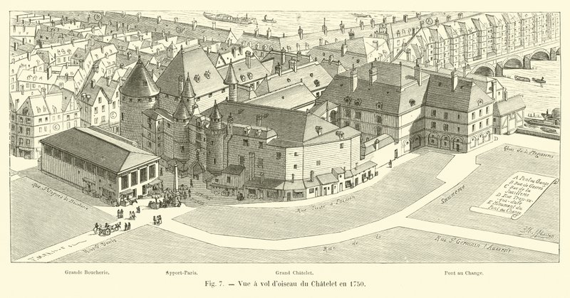 Fugleperspektiv av Chatelet i 1750 av French School