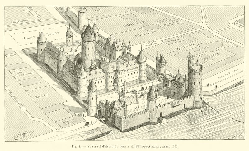 Fugleperspektiv av Louvre av Philippe-Auguste, før 1362 av French School