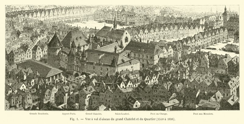Fugleperspektiv av Grand Chatelet og Quartier, 1550 til 1696 av French School