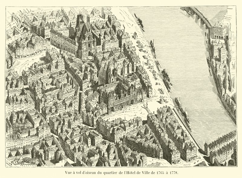Fugleperspektiv av Hotel de Ville-distriktet fra 1765 til 1778 av French School
