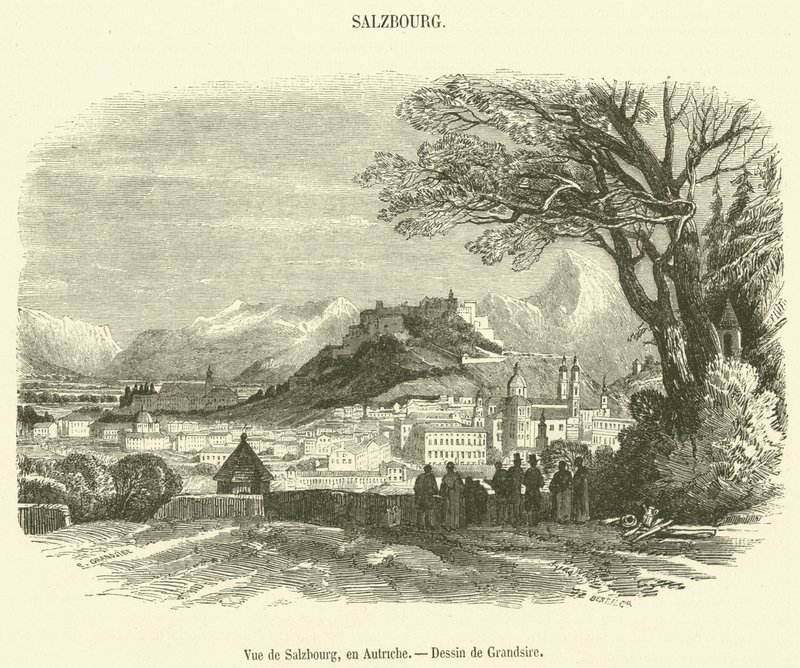 Utsikt over Salzburg, Østerrike (gravering) av French School