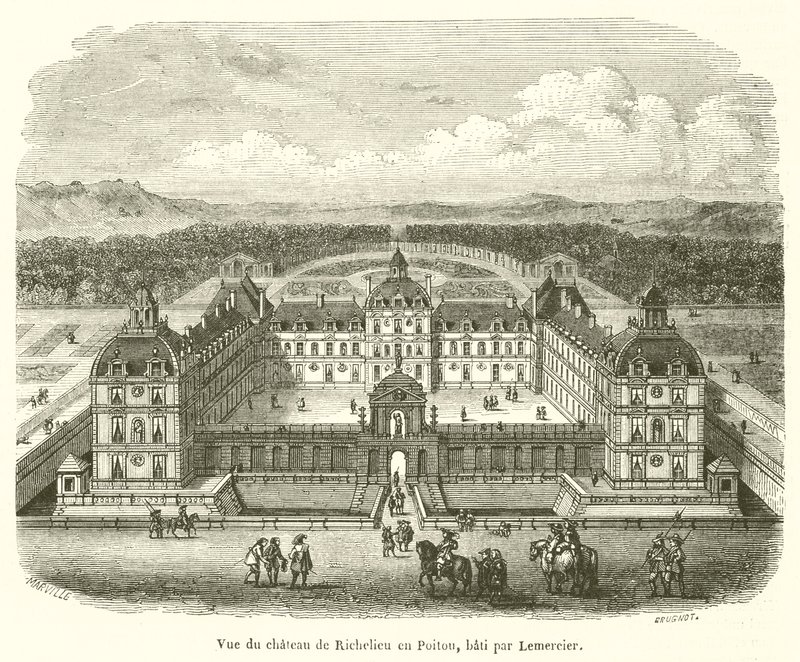 Utsikt over Chateau de Richelieu i Poitou, bygget av Lemercier (gravering) av French School