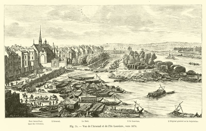 Utsikt over Arsenal og Louviers Island, rundt 1670 av French School