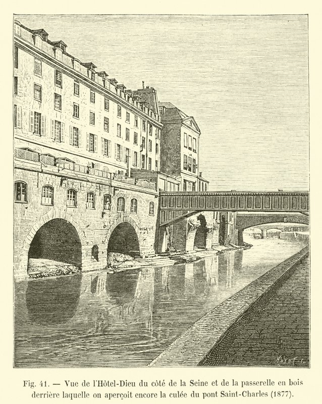 Utsikt over Hôtel-Dieu fra siden av Seinen og tregangbroen bak som vi fortsatt kan se sidestykket til Saint-Charles-broen, 1877 av French School