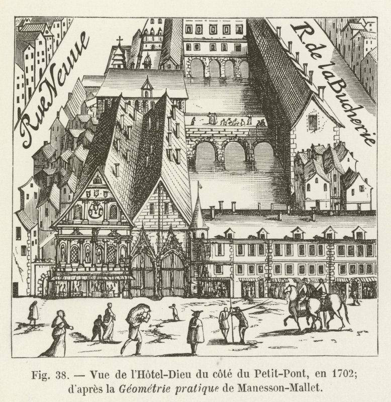 Utsikt over Hôtel-Dieu fra Petit-Pont-siden, i 1702; i henhold til den praktiske geometrien til Manesson-Mallet av French School