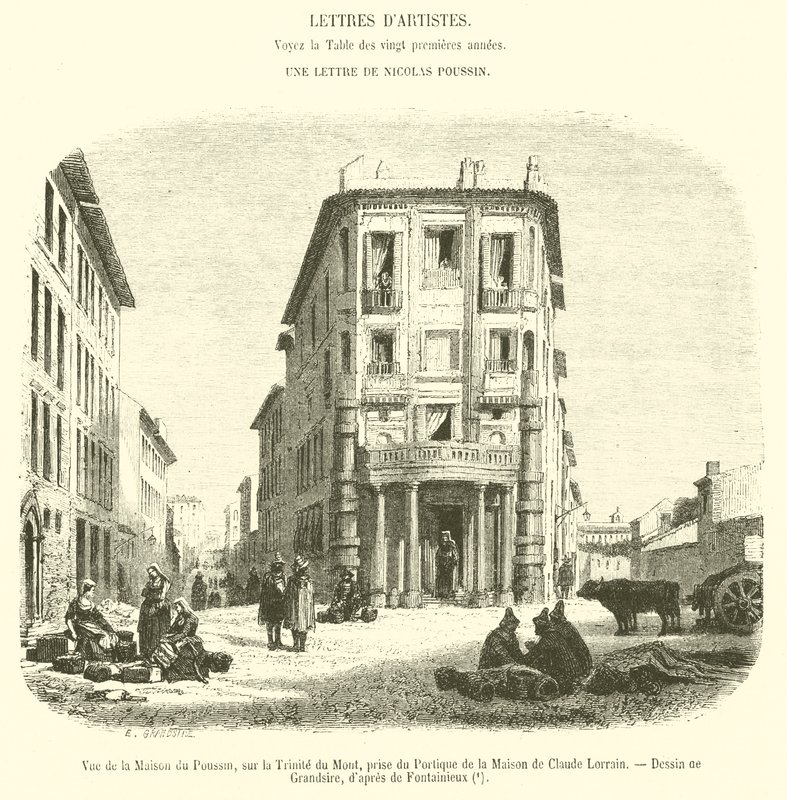 Utsikt over Maison du Poussin, på Trinite du Mont, tatt fra portikken til huset til Claude Lorrain (gravering) av French School
