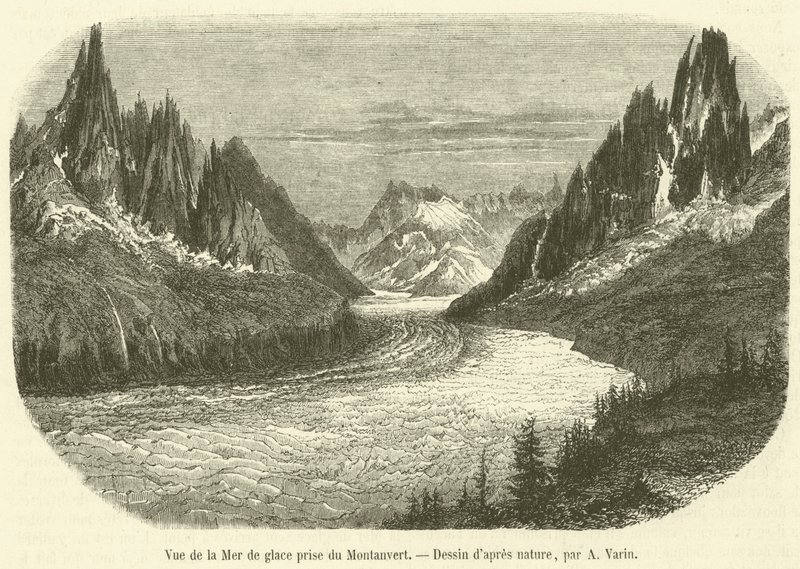 Utsikt over Mer de Glace tatt fra Montanvert (gravering) av French School
