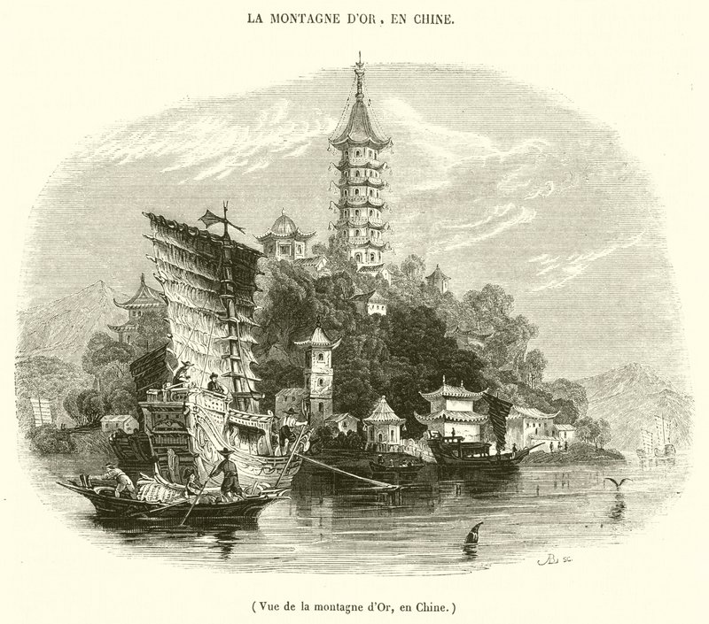 Utsikt over Golden Mountain, Kina (gravering) av French School