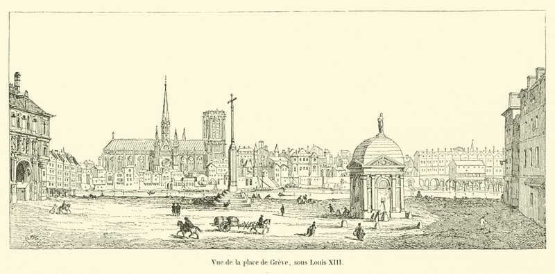 Utsikt over Place de Greve, under Ludvig XIII av French School