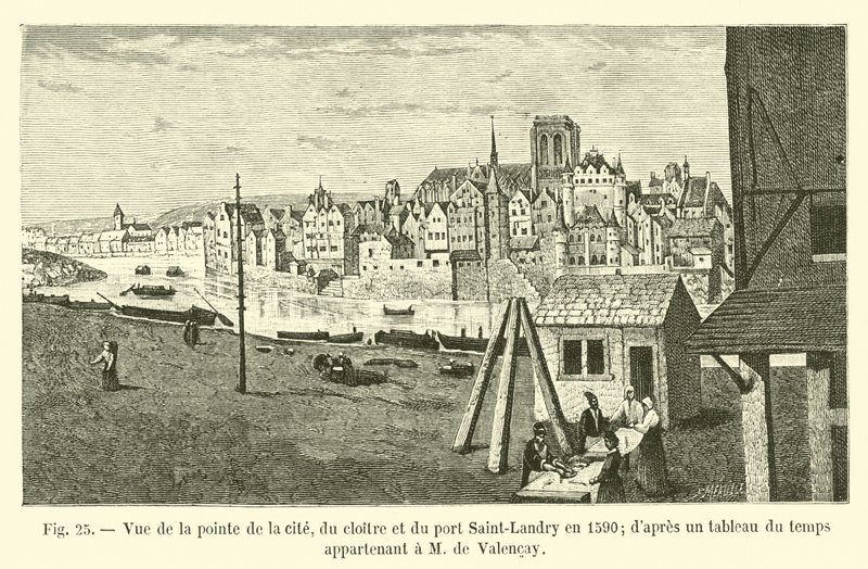 Utsikt over spissen av byen, klosteret og Saint-Landry-havnen i 1590; fra en timetabell som tilhører M de Valencay av French School