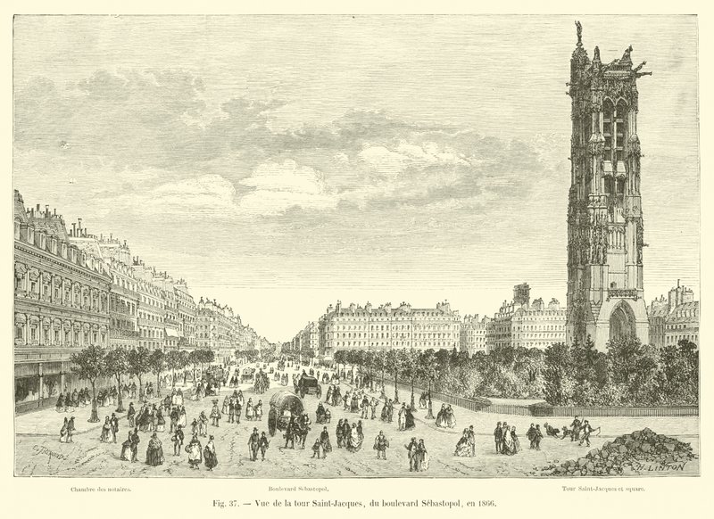 Utsikt over Tour Saint-Jacques, fra Boulevard Sebastopol, i 1866 av French School