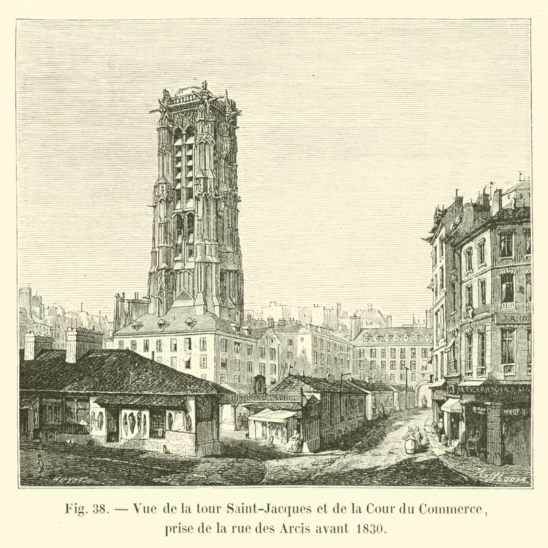 Utsikt over Saint-Jacques-tårnet og Cour du Commerce, tatt fra rue des Arcis før 1830 av French School