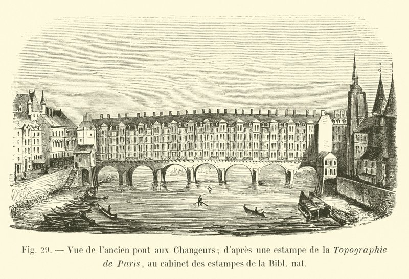 Utsikt over den gamle Changers-broen; etter et trykk fra Topography of Paris, i trykkeskapet til Bibl nat av French School
