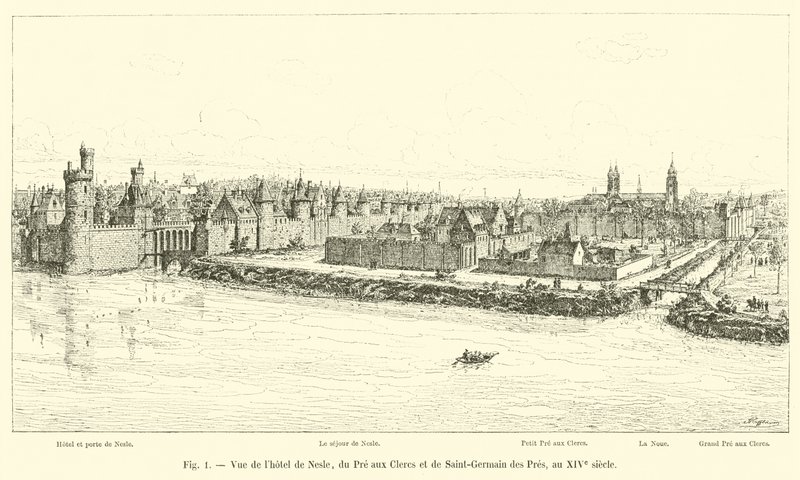 Utsikt over Hôtel de Nesle, Pre aux Clercs og Saint-Germain des Pres, på 1300-tallet av French School