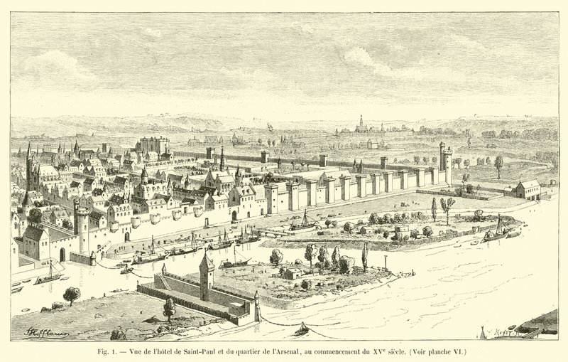 Utsikt over Hôtel de Saint-Paul og Arsenal-distriktet, på begynnelsen av 1400-tallet, se plate VI av French School