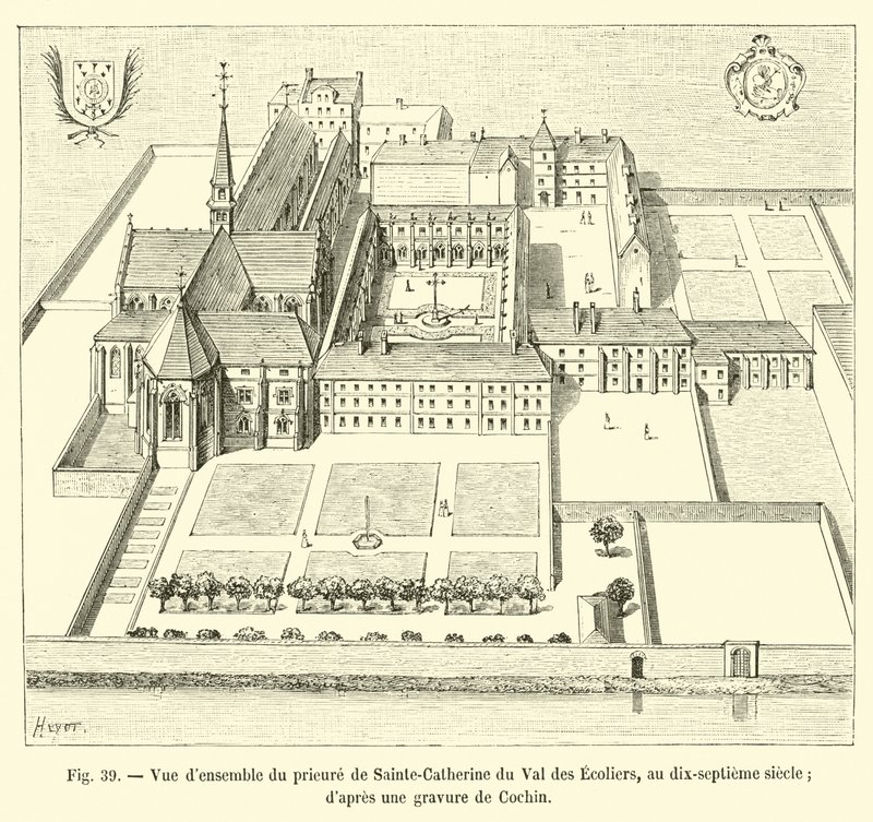 Oversikt over prioryet til Sainte-Catherine du Val des Ecoliers, på det syttende århundre; fra en gravering av Cochin av French School