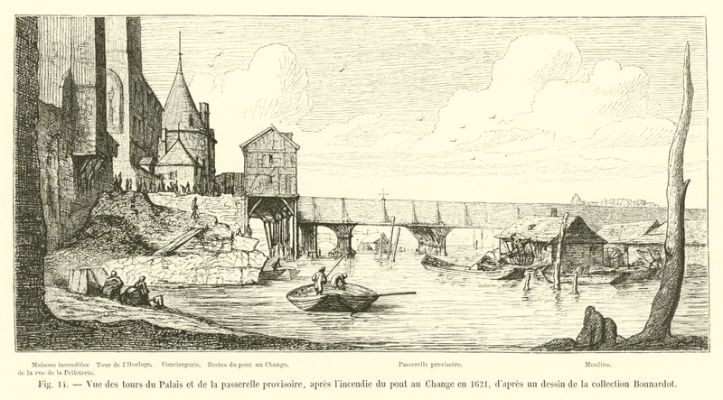 Utsikt over palasstårnene og den midlertidige gangbroen, etter Pont au Change-brannen i 1621, fra en tegning i Bonnardot-samlingen av French School