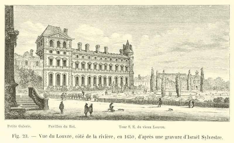 Utsikt over Louvre, Cote de la Riviere, i 1650, etter en gravering av Israel Sylvestre av French School