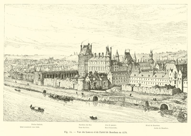 Utsikt over Louvre og Hotel de Bourbon i 1576 av French School