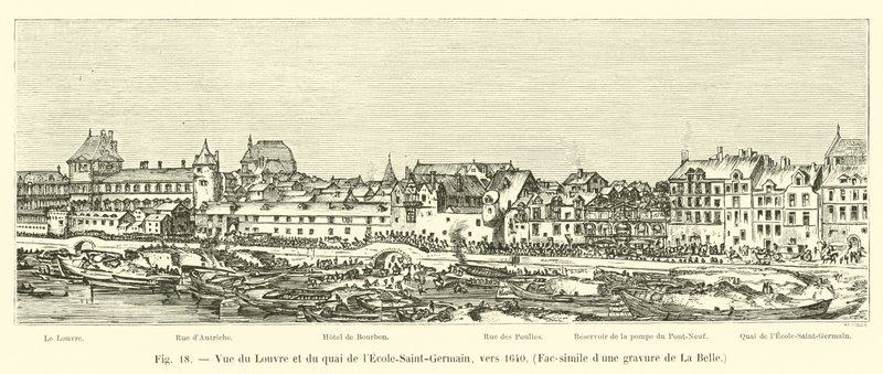 Utsikt over Louvre og Quai de lEcole-Saint-Germain, ca. 1640, faksimile av en gravering fra La Belle av French School