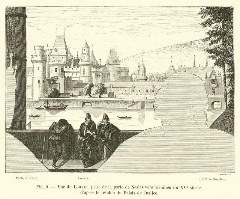 Utsikt over Louvre, tatt fra Porte de Nesles rundt midten av 1400-tallet, etter altertavlen til Palais de Justice av French School