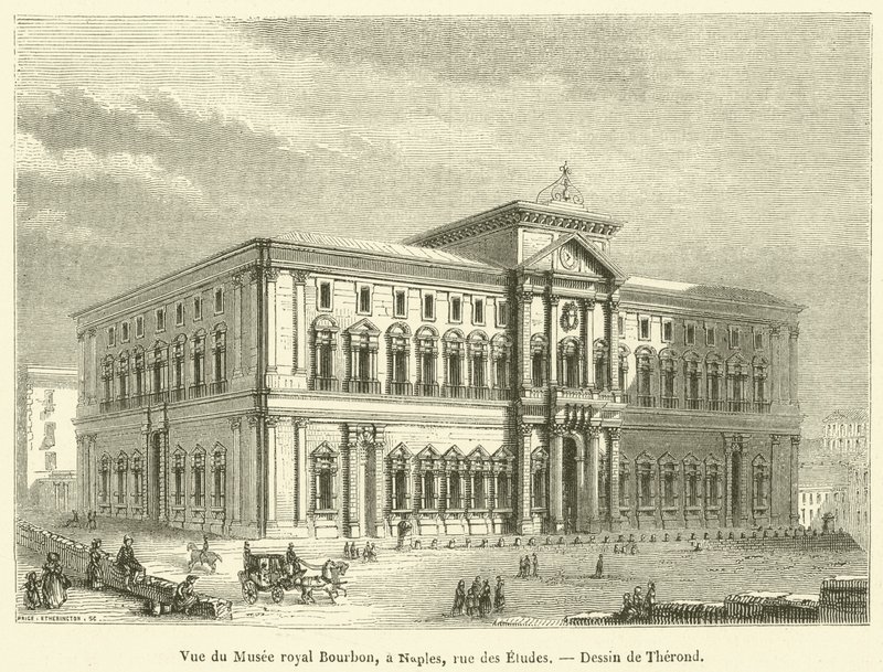 Utsikt over Royal Bourbon Museum, i Napoli, rue des Etudes (gravering) av French School