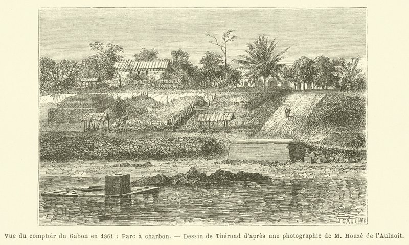 Utsikt over Comptoir du Gabon i 1861, Parc a Charcoal (gravering) av French School