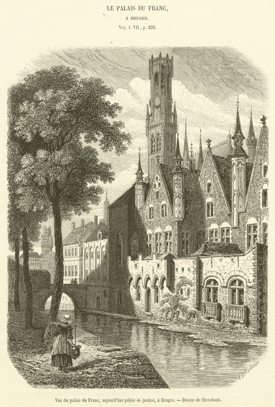 Utsikt over Palais du Franc, nå tinghuset, i Brugge (gravering) av French School