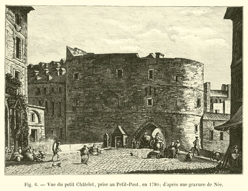 Utsikt over Petit Chatelet, tatt ved Petit-Pont, i 1780; fra en gravering av Nee av French School