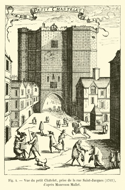 Utsikt over Petit Chatelet, tatt fra Rue Saint-Jacques, 1702, etter Manesson Mallet av French School