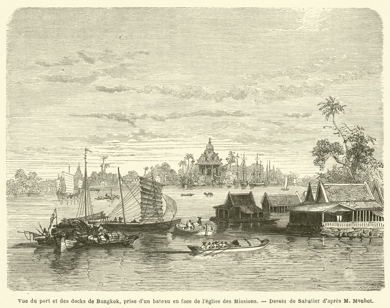 Utsikt over havnen og bryggene i Bangkok, tatt fra en båt foran Missionskirken (gravering) av French School