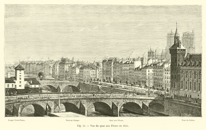 Utsikt over Quai aux Fleurs i 1855 av French School