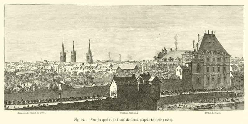 Utsikt over kaien og Hotel de Conti, etter La Belle, 1640 av French School