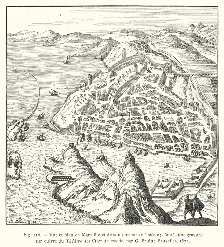 Utsikt og plan over Marseilla og havnen på 1500-tallet; fra et kobberstikk av Theatre des Citez du monde, av G Bruin; Brussel av French School