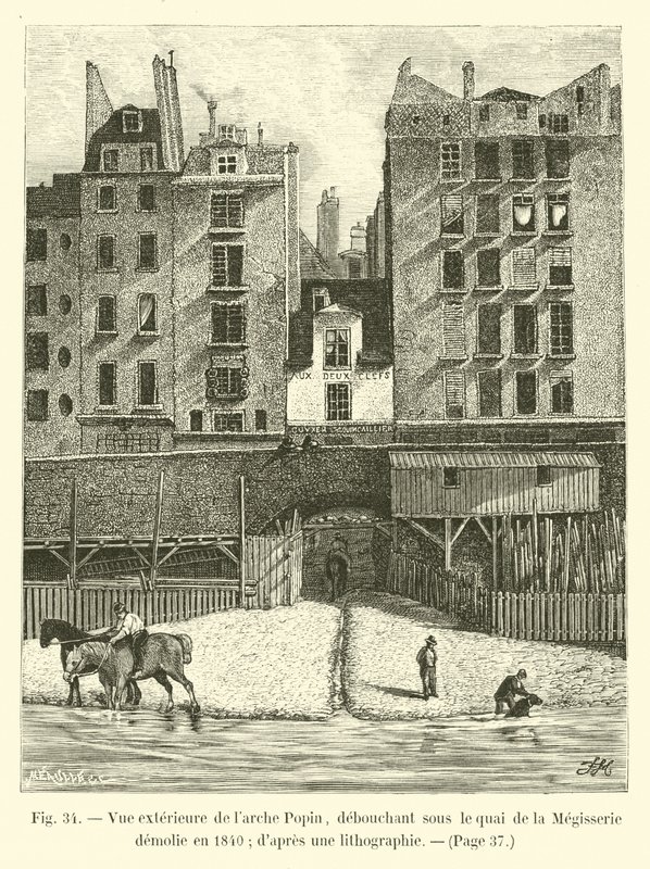 Utvendig utsikt over Popin-buen, som dukker opp under Quai de la Megisserie revet i 1840; fra en litografi av French School