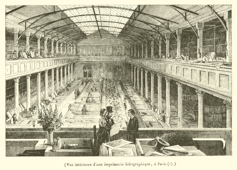 Innvendig utsikt over et litografisk trykkeri i Paris (gravering) av French School