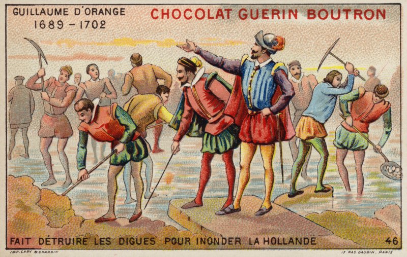 William av Orange ødelegger diker for å tillate flom av Holland (chromolitho) av French School