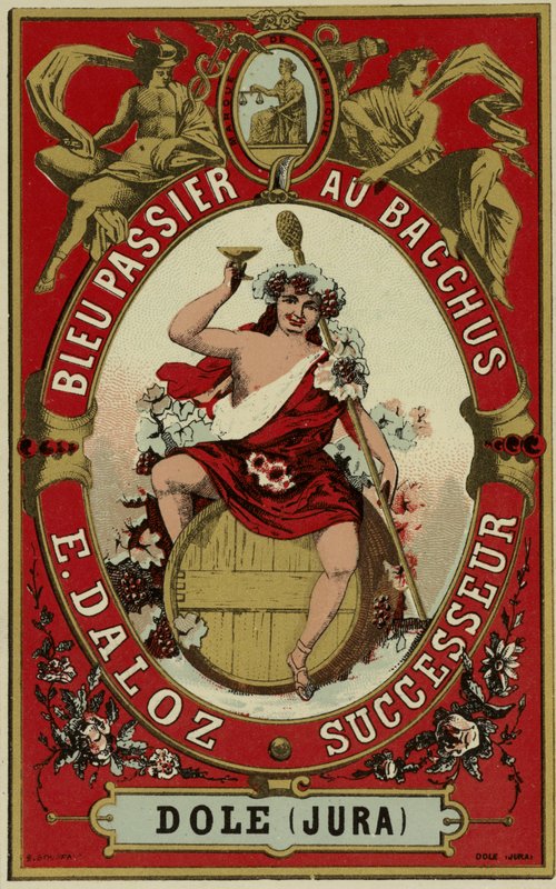 Vinetikett som viser Bacchus av French School