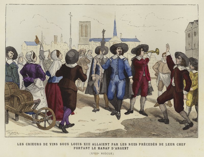 Vinselgere som passerer gatene bak lederen deres, bærer sølvbegeret, regjeringen til Ludvig XIII, 1600-tallet av French School