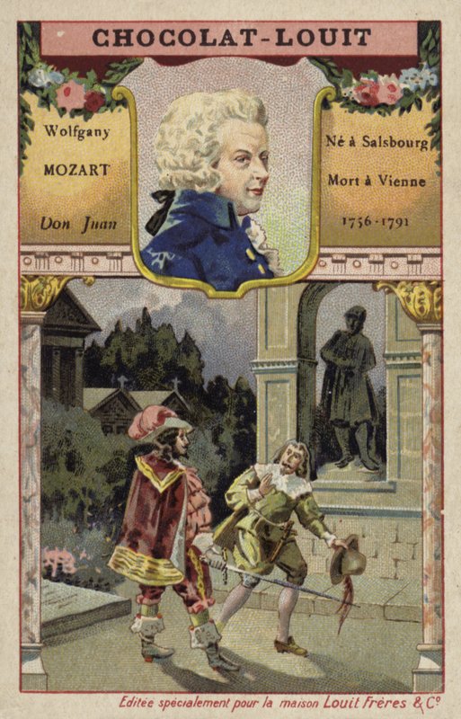 Wolfgang Amadeus Mozart, østerriksk komponist, og en scene fra operaen hans Don Juan (chromolitho) av French School