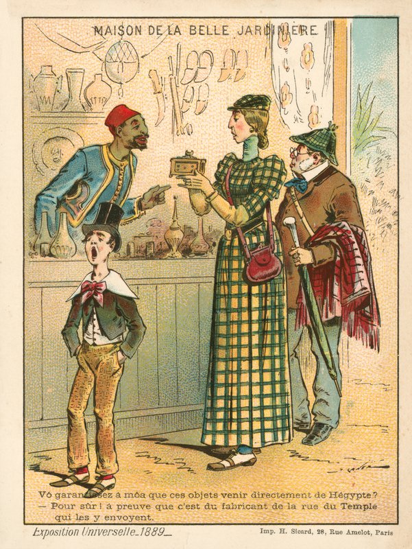 Kvinne undersøker egyptiske gjenstander, Exposition Universelle 1889, Paris (chromolitho) av French School