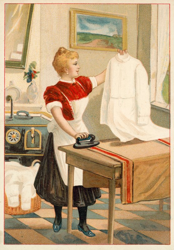 Kvinnestryking (chromolitho) av French School