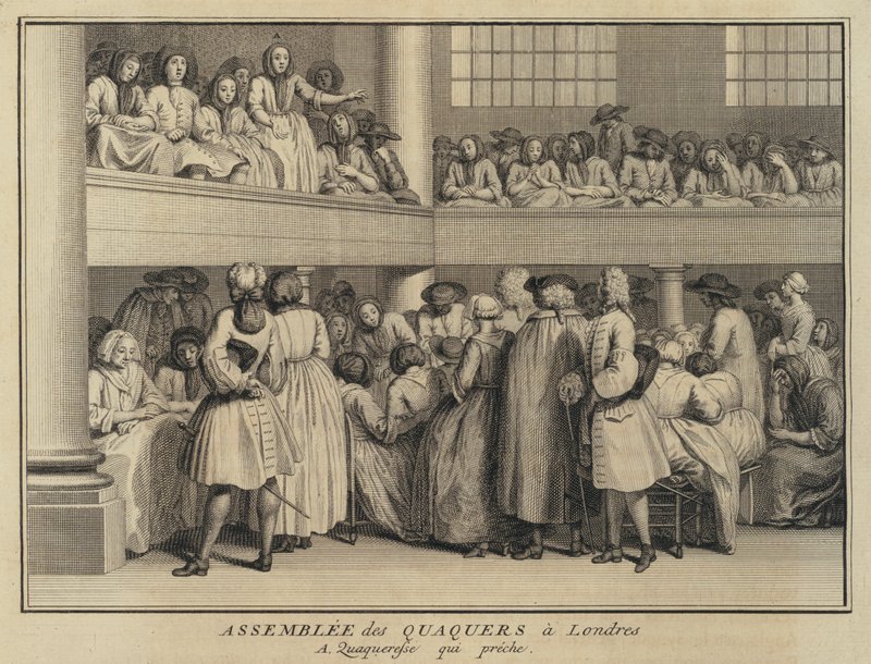 Kvinne som forkynner på et møte med kvekere i London (gravering) av French School