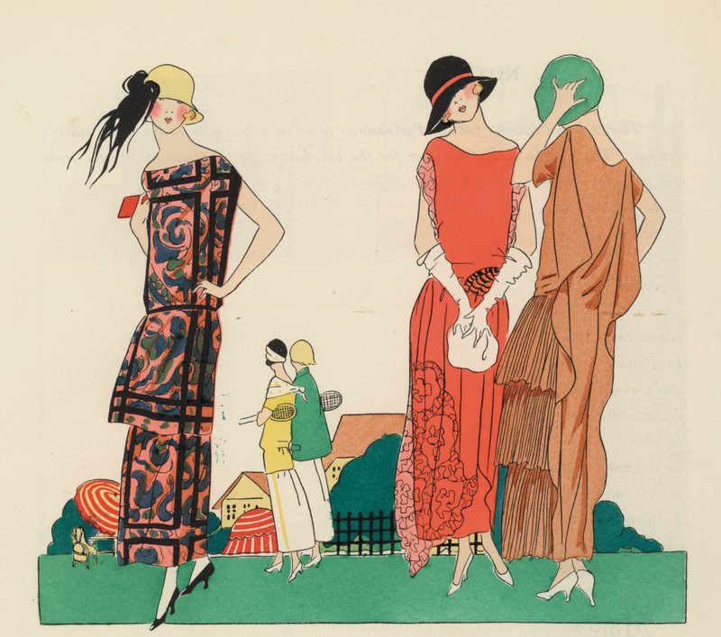 Damekjoledesign fra 1920-tallet av Premet og Christoph Drecoll. (fargelitografi) av French School
