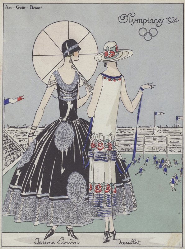 Damemote ved de olympiske leker i 1924 av designerne Jeanne Lanvin og Georges Doeuillet (fargelitografi) av French School