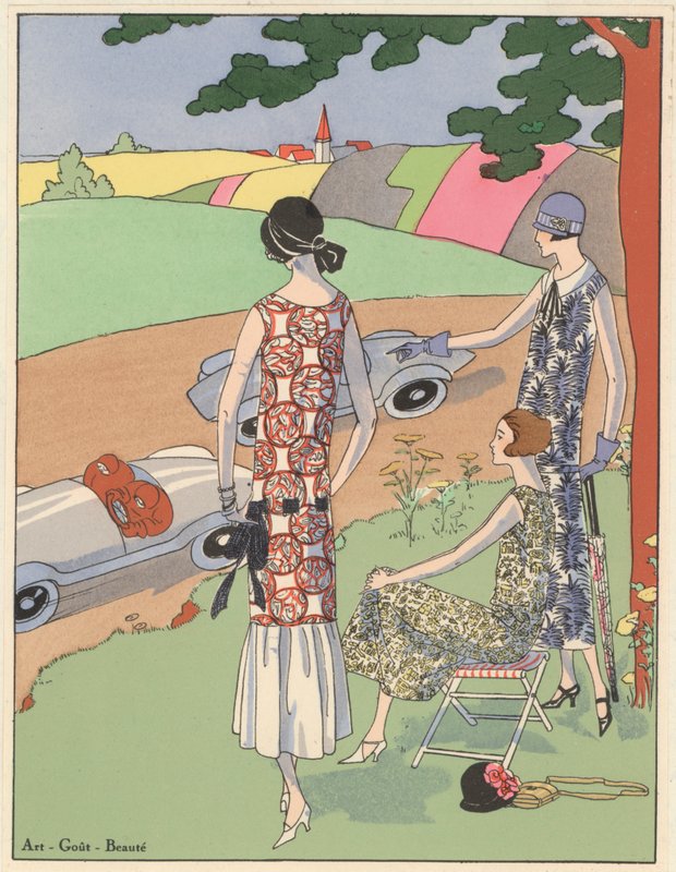 Damemotedesign fra 1920-tallet: å se på sportsbilracing (fargelitografi) av French School